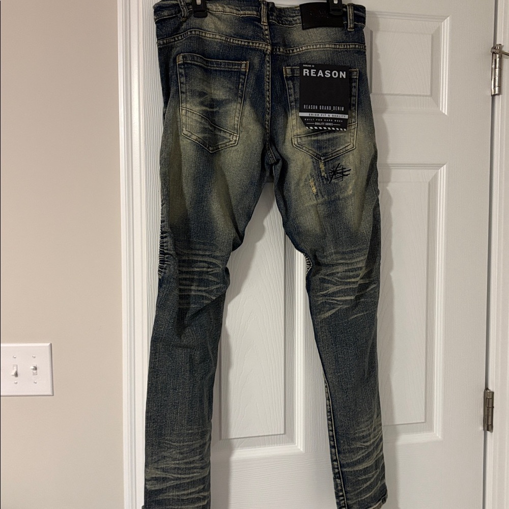 Reason Men's Distressed Blue Denim Jeans - Picture 9 of 9
